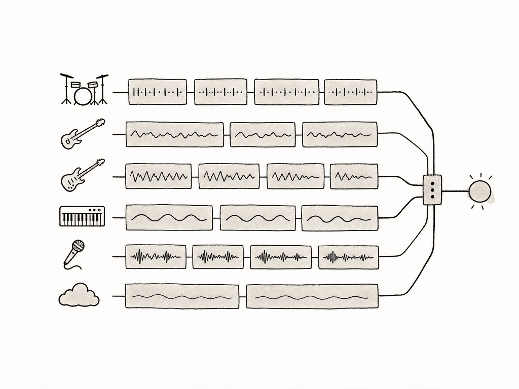 Several cleanly separated audio lanes with clip shapes feed into a single output, representing an organized reference mix timeline.