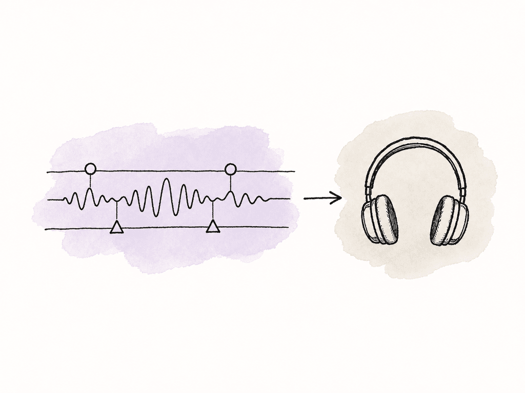 Marked points on an audio timeline point toward headphones, representing editorial mix intent being communicated to the sound team.