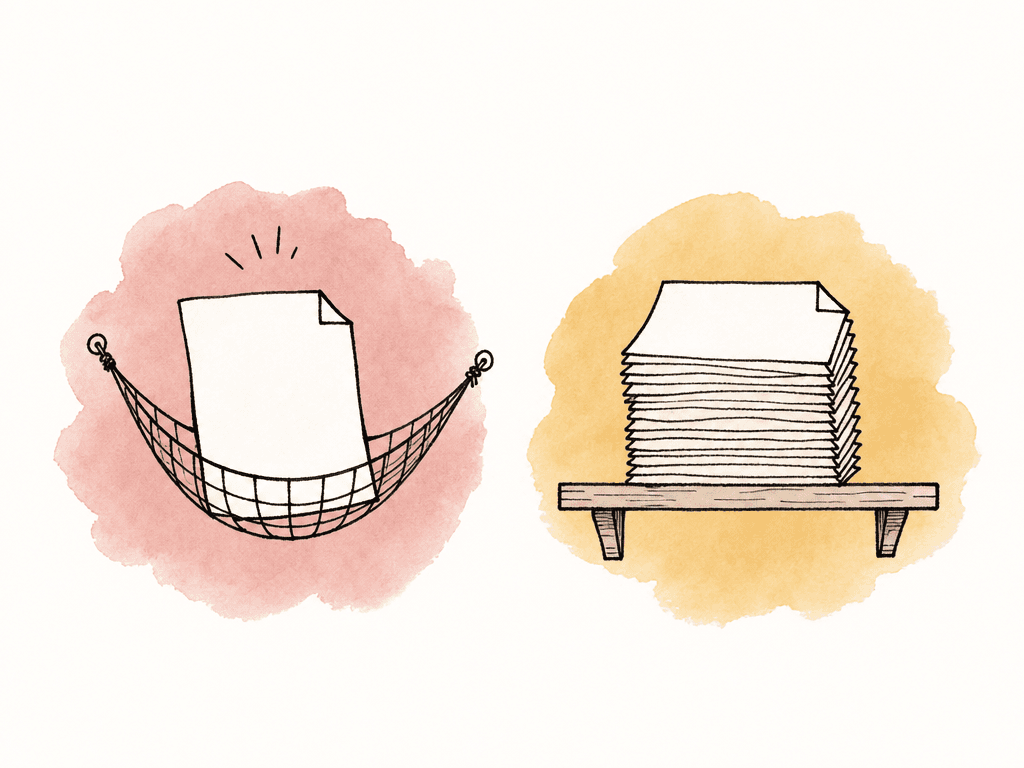 Doodle comparing a file caught in a safety net with a separate organized stack of saved file versions.