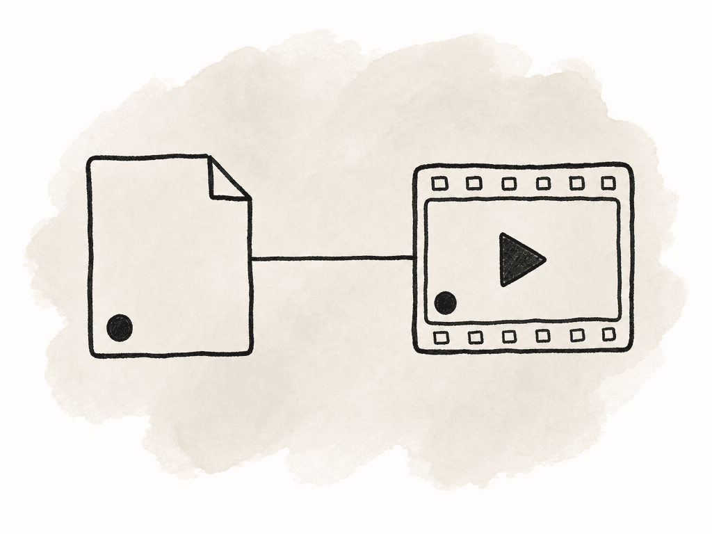 Doodle of a project file and video export linked by a matching colored marker.