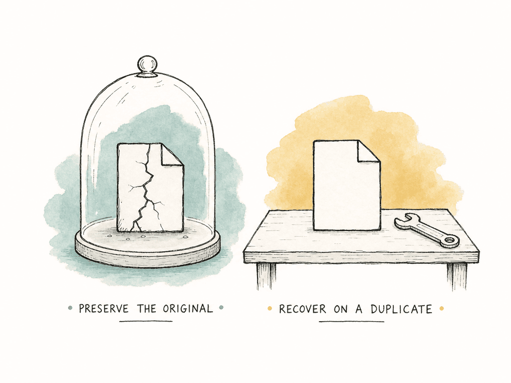 Doodle of a cracked original project file protected while duplicate backup files are used for recovery.