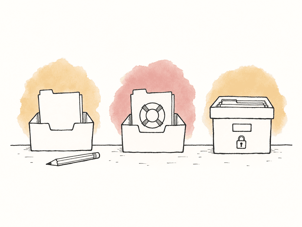 Doodle of three separate file storage areas for active work, recovery copies, and archived versions.