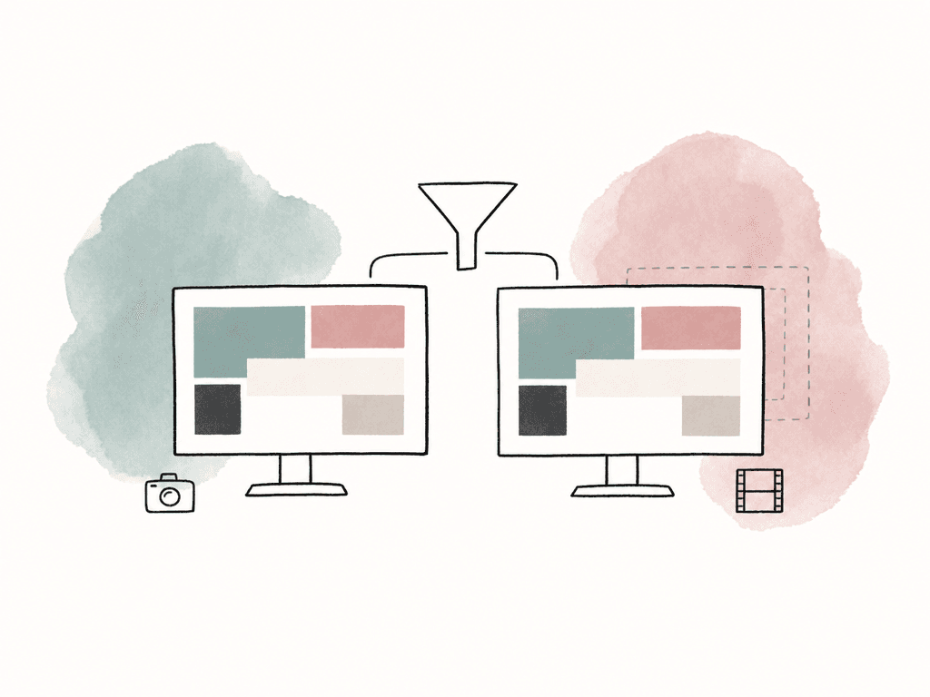 Two monitors show matching image frames when fed through the same display transform, with a faint offset frame suggesting mismatch.
