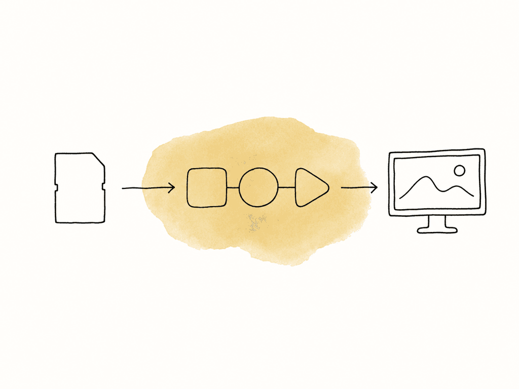 A camera media card flows through ordered color processing shapes into an editorial monitor.