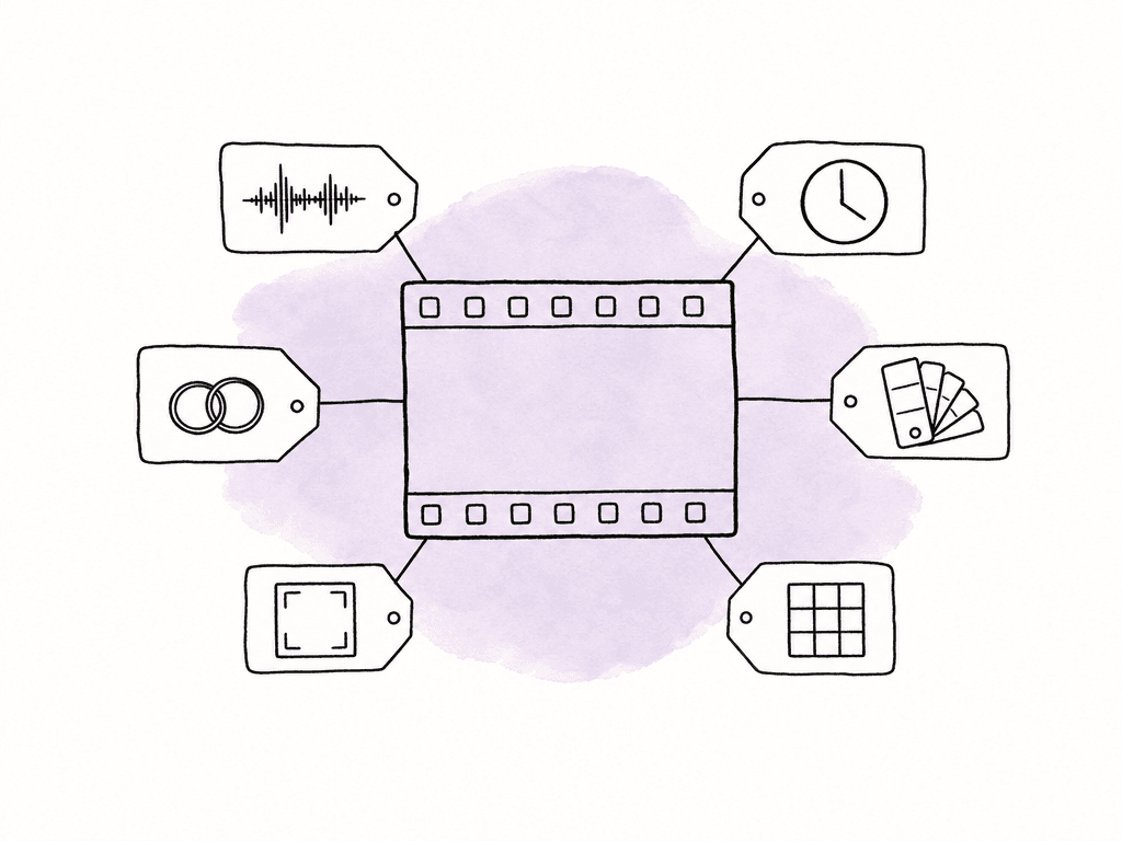 A film clip has small icon tags attached for audio, timecode, source linkage, color look, and framing metadata.