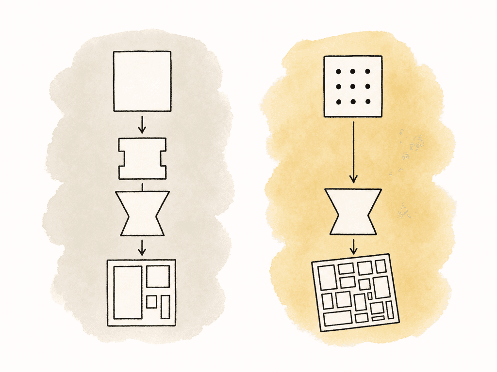 One source card is adapted before a shared look and produces a balanced frame, while another bypasses the adapter and produces a skewed frame.