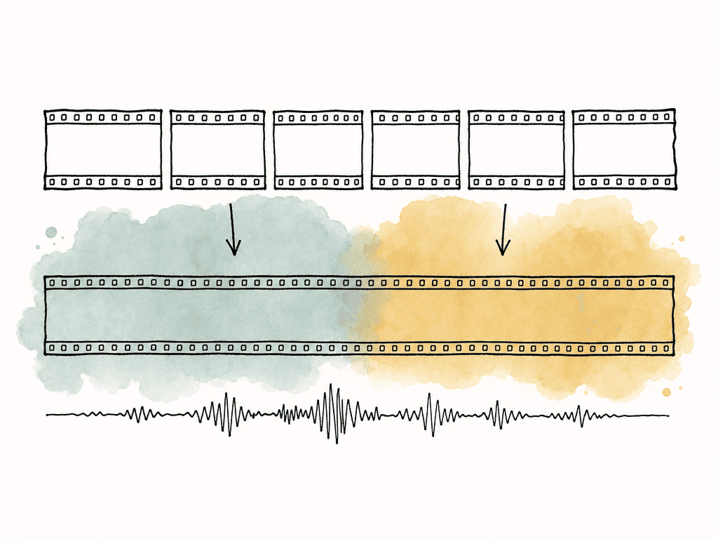 A hand-drawn filmstrip split into chunks and reassembled into one continuous strip with an unbroken audio line beneath it.
