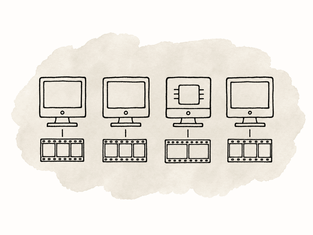 A hand-drawn row of encoding computers where one machine differs slightly and creates a mismatched filmstrip output.