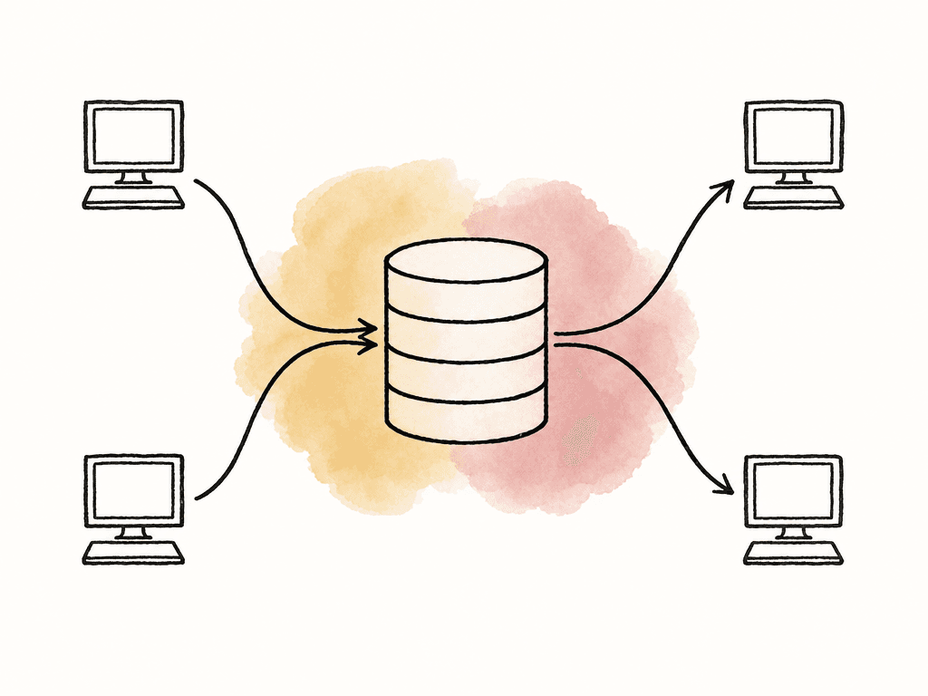 A hand-drawn storage diagram with several computers connected to one shared storage device, with crowded arrows suggesting a throughput bottleneck.