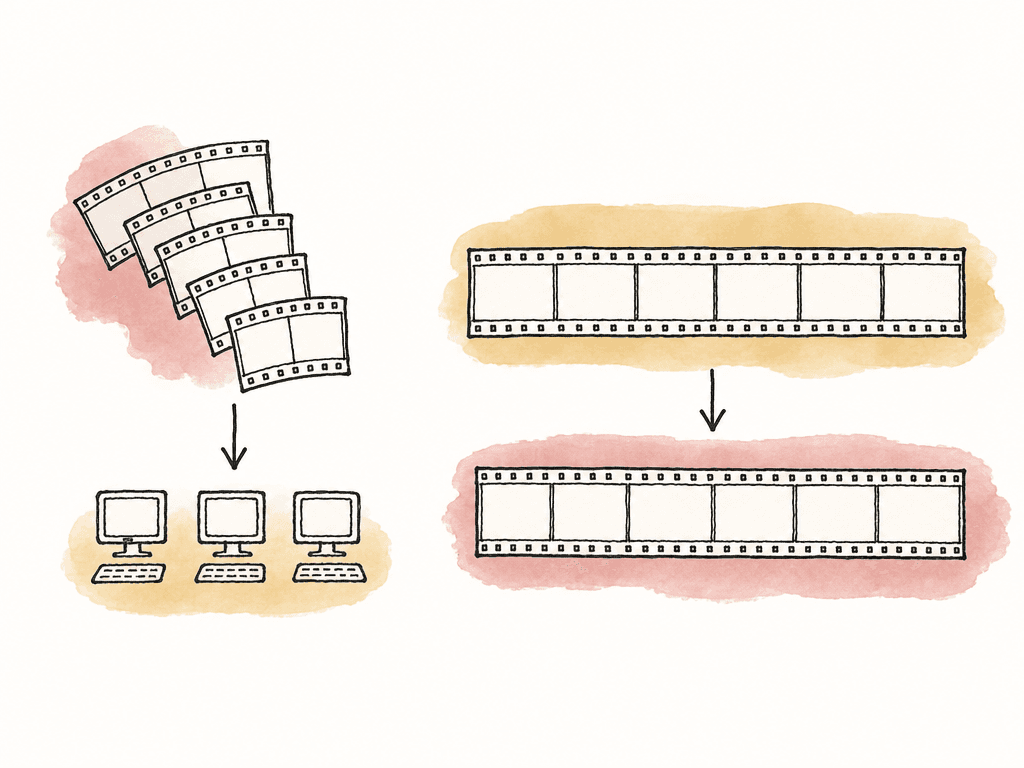 A hand-drawn comparison showing separate clips sent to different computers and a single long clip split into chunks, processed, then rejoined.