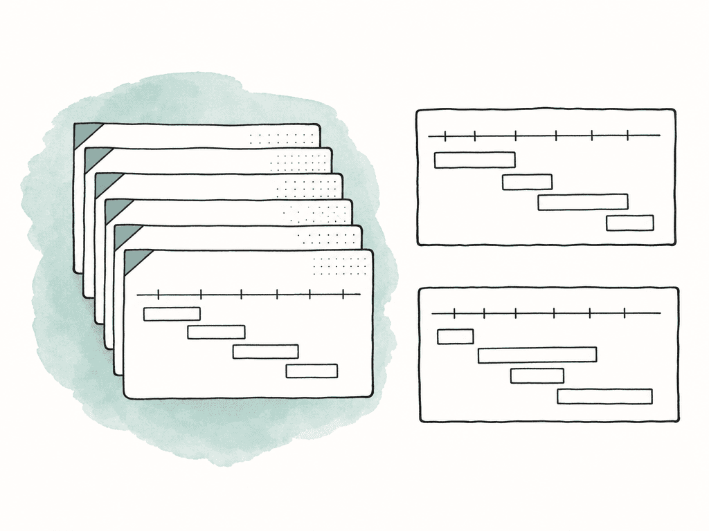 A stack of reusable template cards with colored tabs sits apart from separate project timeline cards.