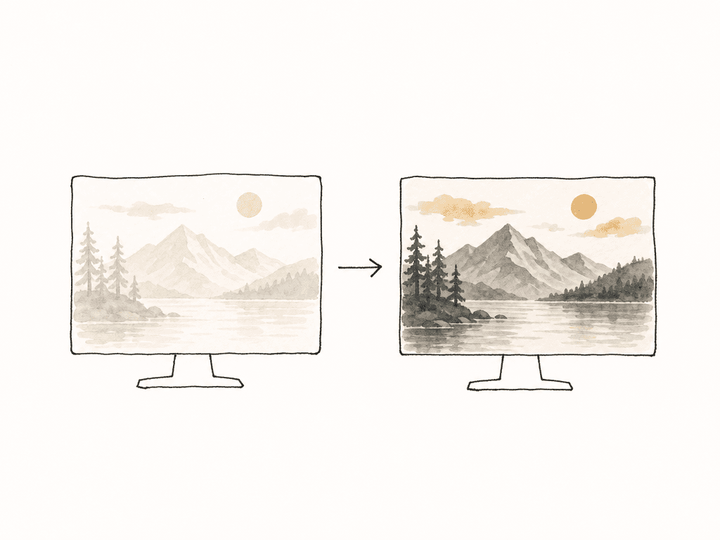 Two monitor drawings show the same image changing from washed out and flat to clearer and more contrasty.