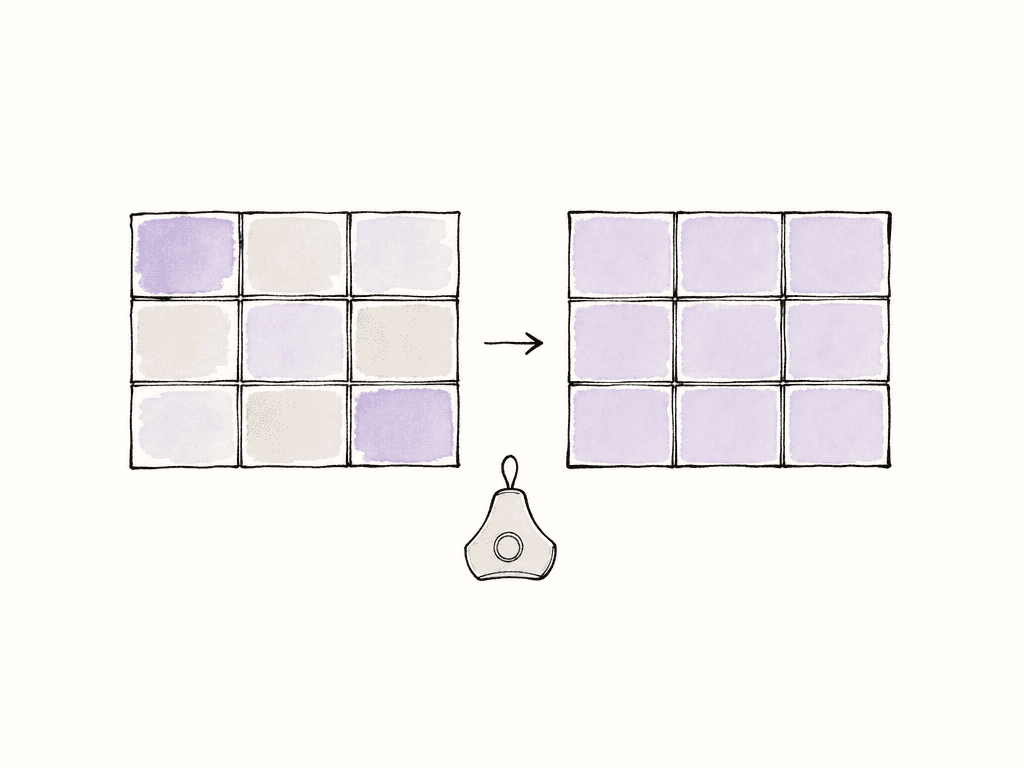 A patchy monitor wall with uneven tile colors is shown becoming a more uniform wall after calibration.