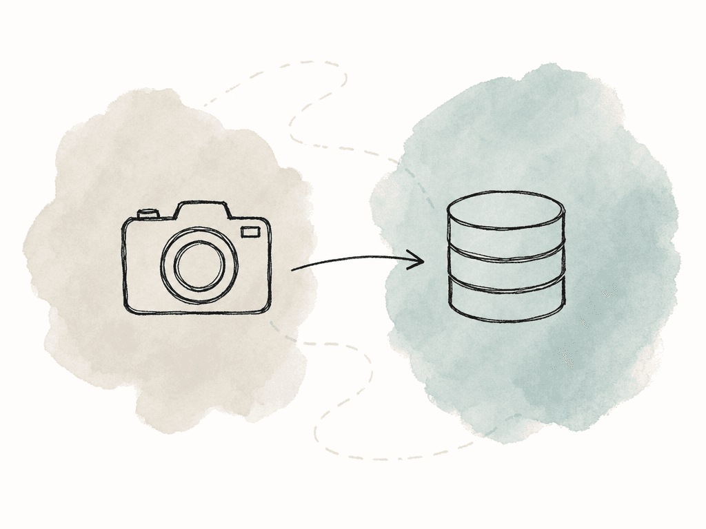 Hand-drawn workflow map showing a camera card and shared storage connected by an arrow.