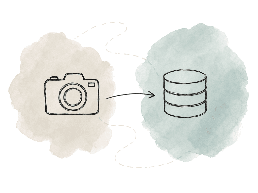 Hand-drawn workflow map showing a camera card and shared storage connected by an arrow.