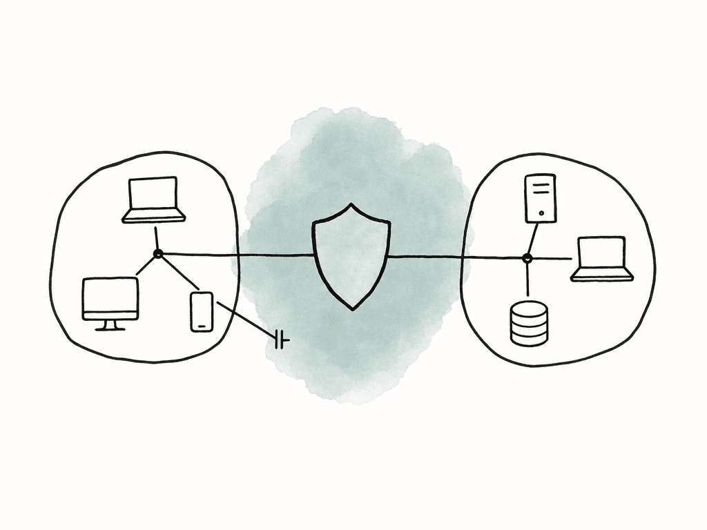 Hand-drawn network zones connected through a central shield, with one path allowed and another blocked.