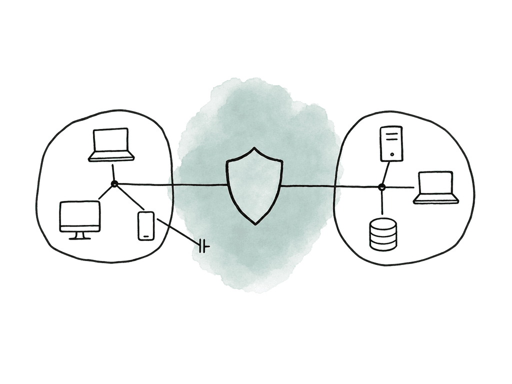 Hand-drawn network zones connected through a central shield, with one path allowed and another blocked.