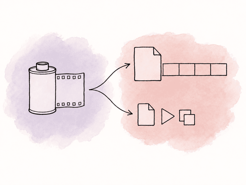 Camera media splits into a clean editing file and a smaller review file, showing separate dailies outputs.