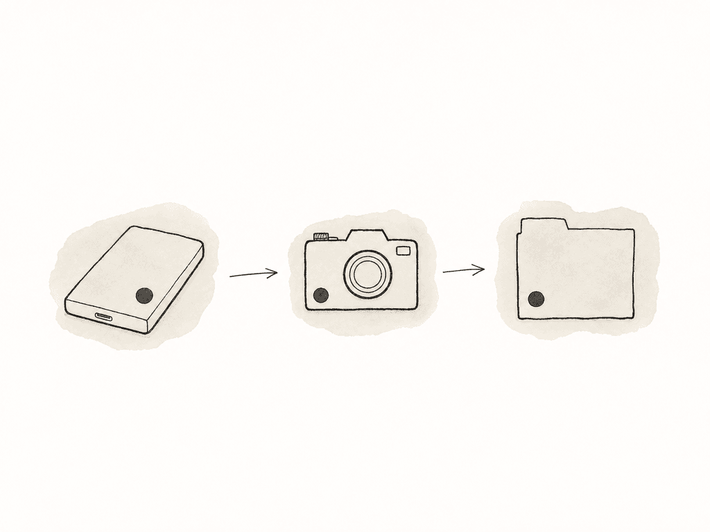 An SSD, camera, and folder share the same visual marker, representing consistent media identity across recording and offload.