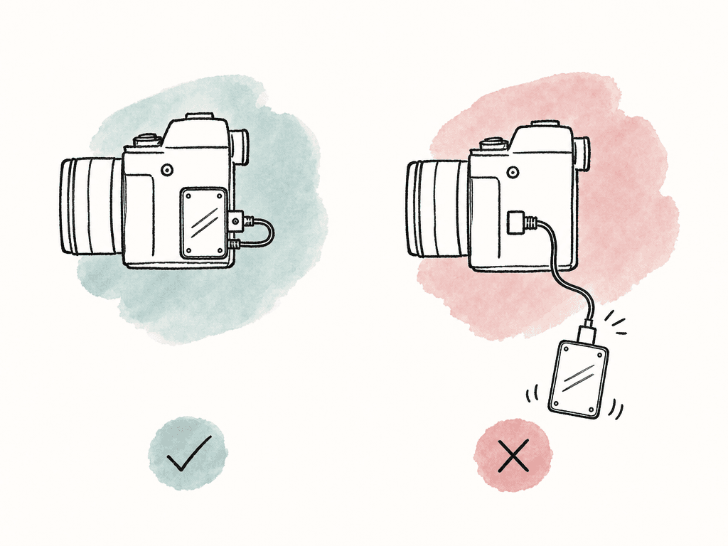 Two camera SSD setups compare a clamped short cable mount with a loose dangling drive connection.