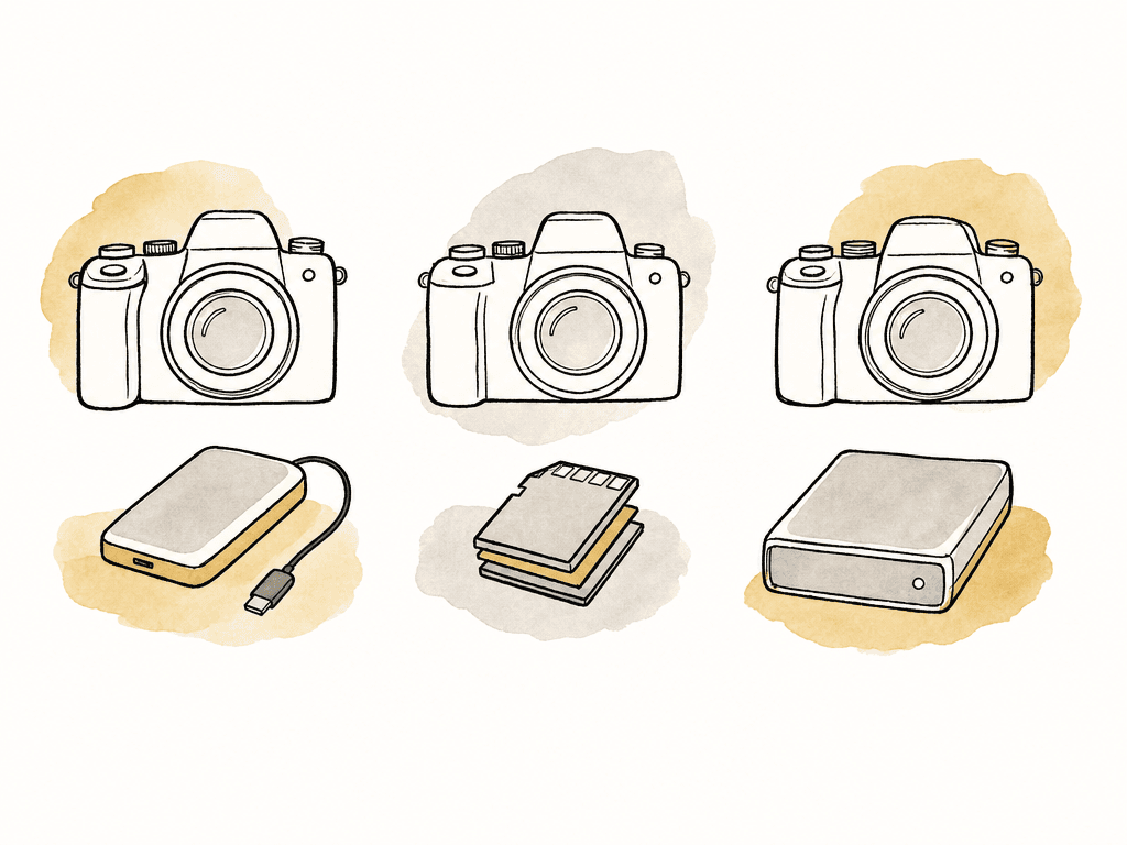 Three generic camera setups paired with different media types, showing USB SSD, card media, and recorder drive workflows as separate paths.