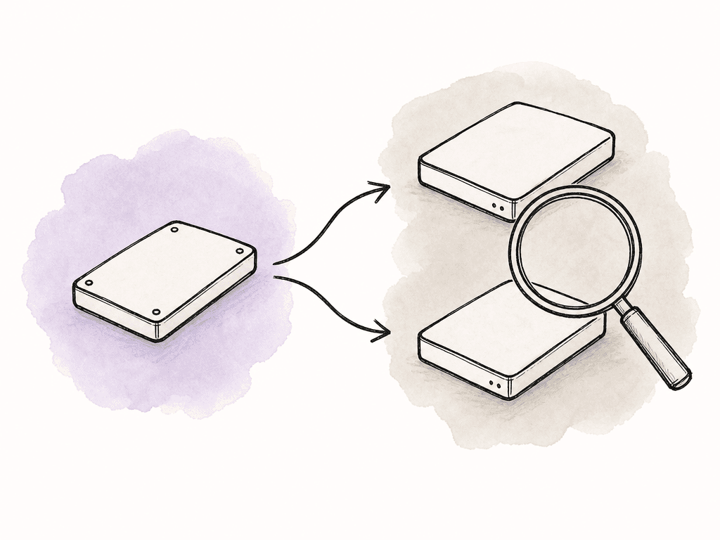 A source SSD branches to two destination drives with a magnifying glass indicating verified offload copies.