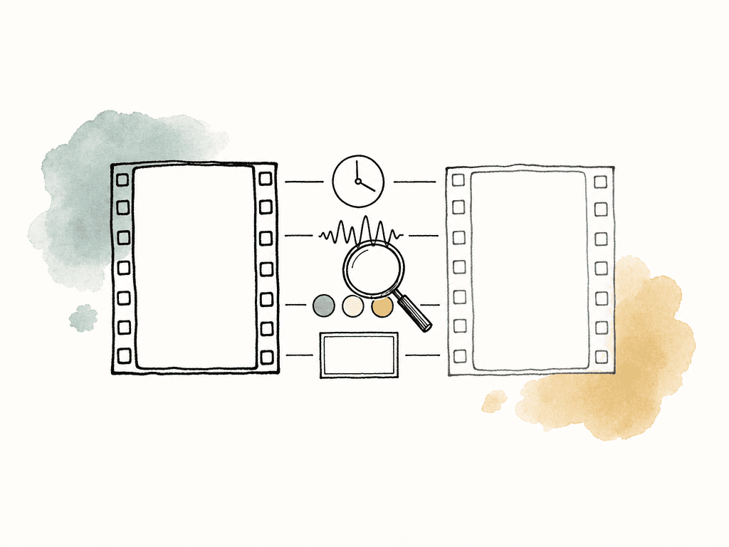 Two filmstrip clips are compared with a magnifying glass and matching property icons between them.