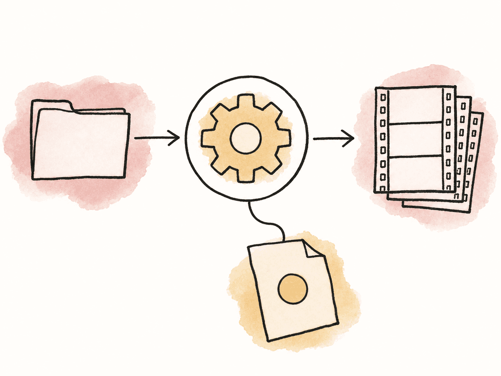 Simple diagram of files moving from an input folder through a processing gear to separate finished and problem outputs.