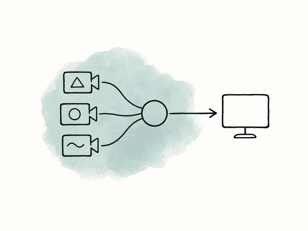Three different media icons converge into one central circle and then flow to a display, representing mixed cameras in a managed color pipeline.