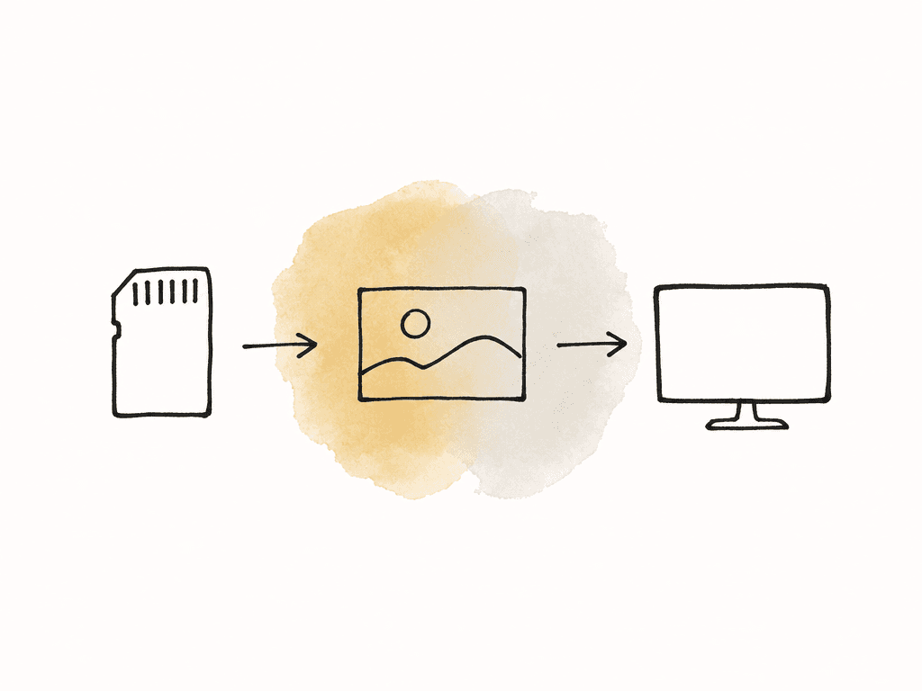 A simple line drawing shows camera media flowing through a flat image stage and then into a display, suggesting a three-step color pipeline.