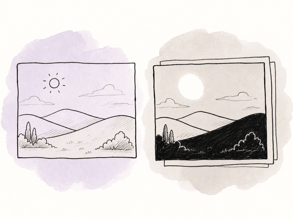 Two doodled image frames compare a normal transformed scene with a harsher, crushed version caused by two stacked conversions.