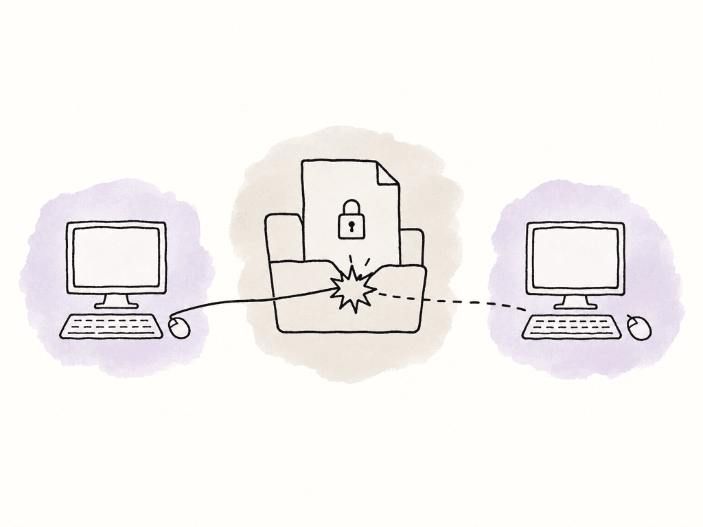 Hand-drawn diagram of two workstations using different line styles to reach the same locked file in a shared folder, with a conflict mark at the file.