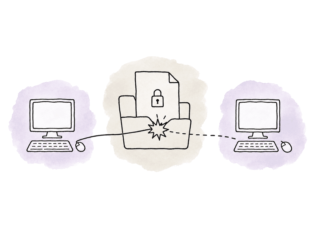 Hand-drawn diagram of two workstations using different line styles to reach the same locked file in a shared folder, with a conflict mark at the file.
