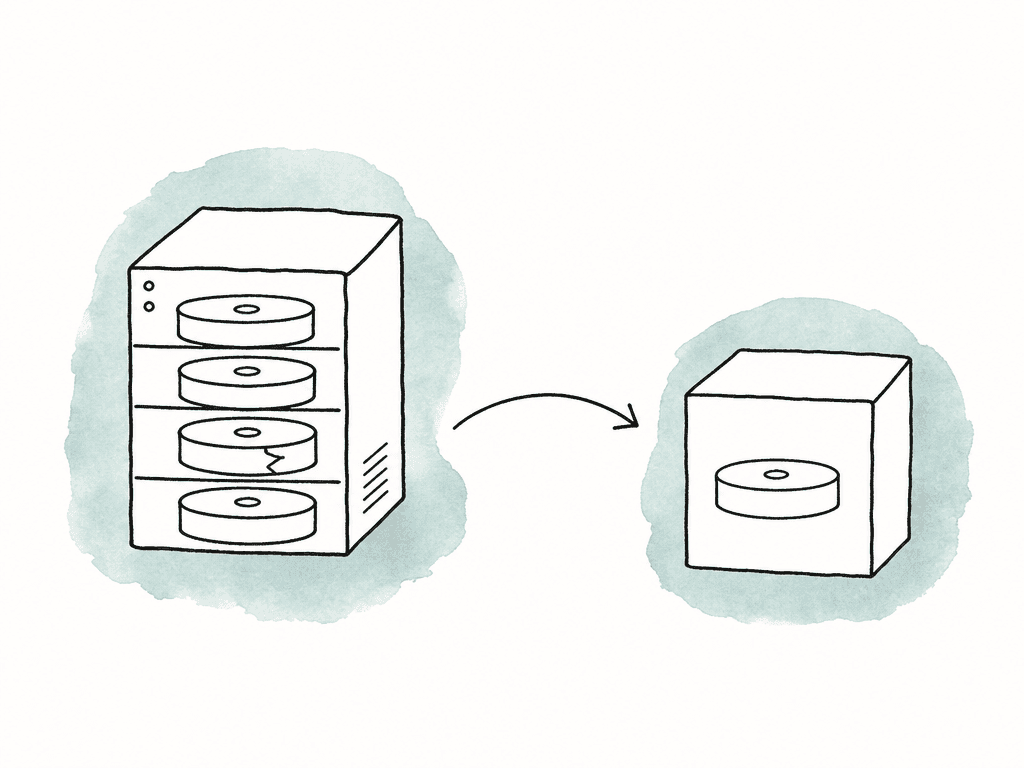 Hand-drawn drawing of a server with redundant disks and a separate backup box placed apart from it.