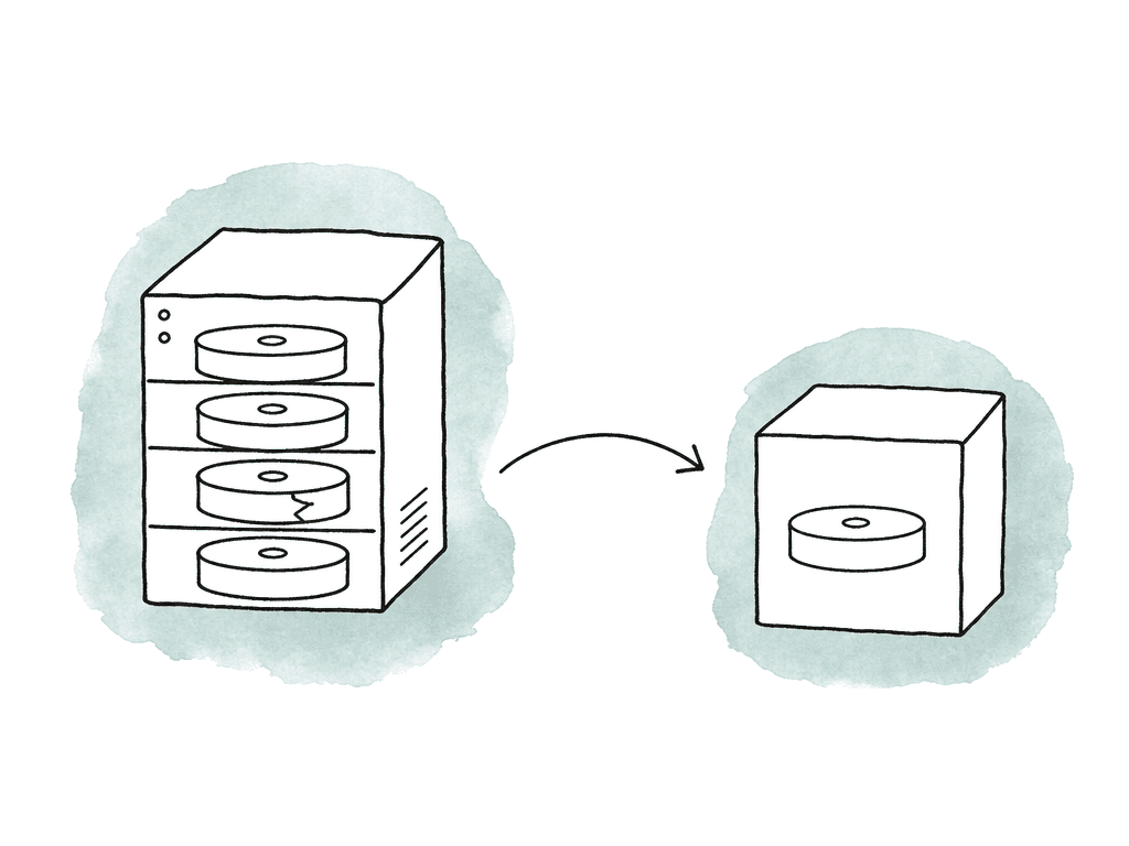 Hand-drawn drawing of a server with redundant disks and a separate backup box placed apart from it.
