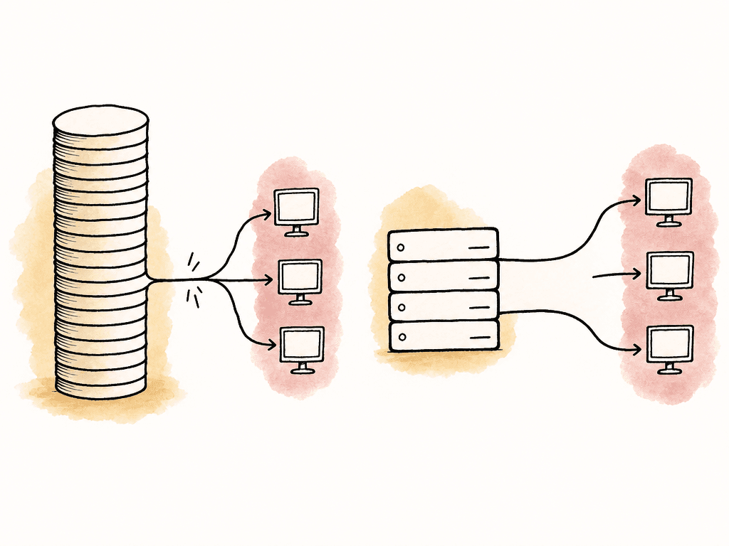 Hand-drawn comparison of a large drive stack with a narrow connection and a smaller storage stack with wider connections to multiple edit stations.