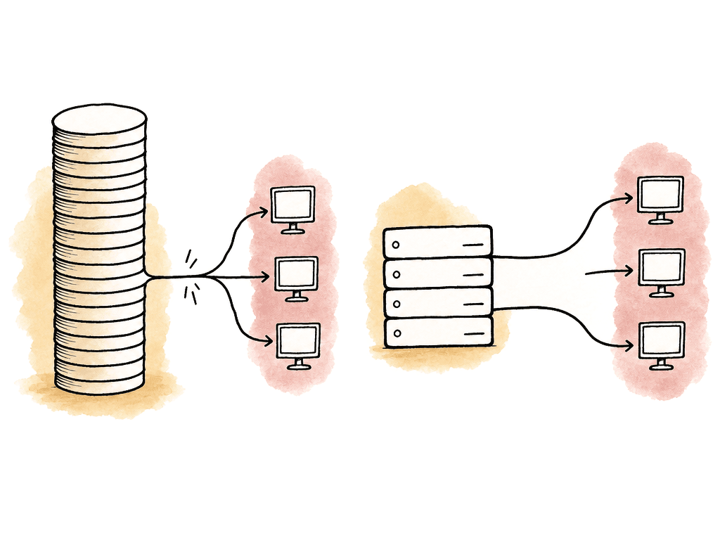 Hand-drawn comparison of a large drive stack with a narrow connection and a smaller storage stack with wider connections to multiple edit stations.