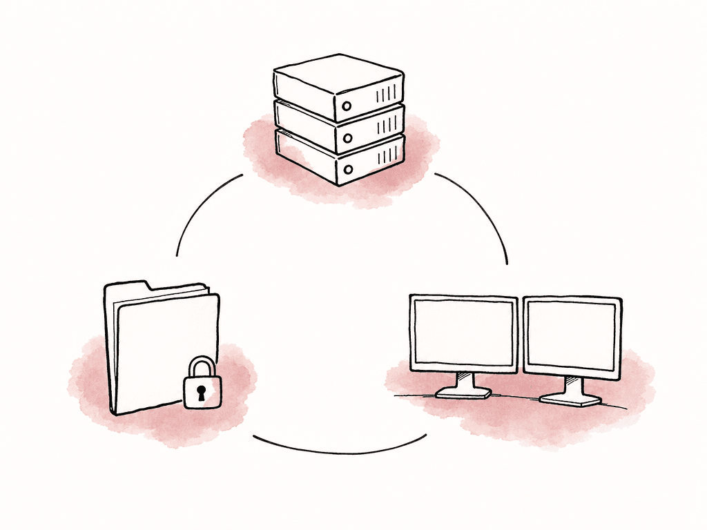 Hand-drawn diagram of shared drives, a locked project file, and matching workstations shown as separate connected parts.