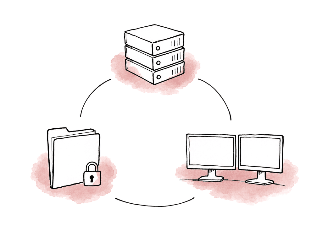 Hand-drawn diagram of shared drives, a locked project file, and matching workstations shown as separate connected parts.