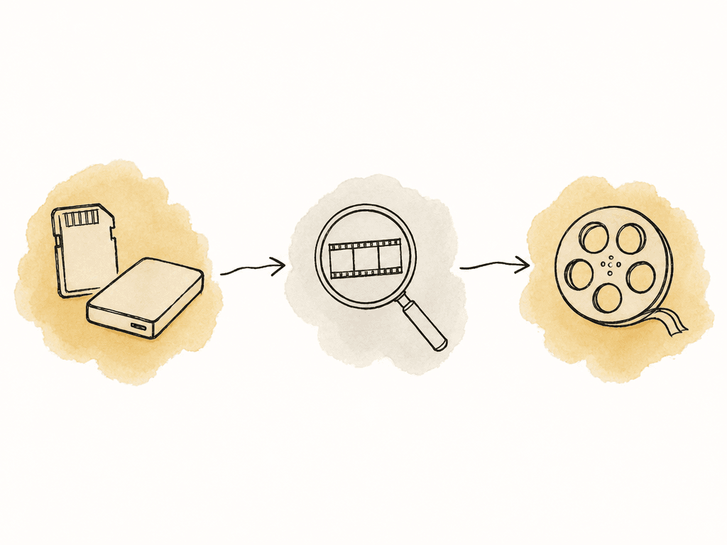 A simple line drawing shows camera media copied to a drive, inspected with a magnifying glass, then passed to a post-production reel.