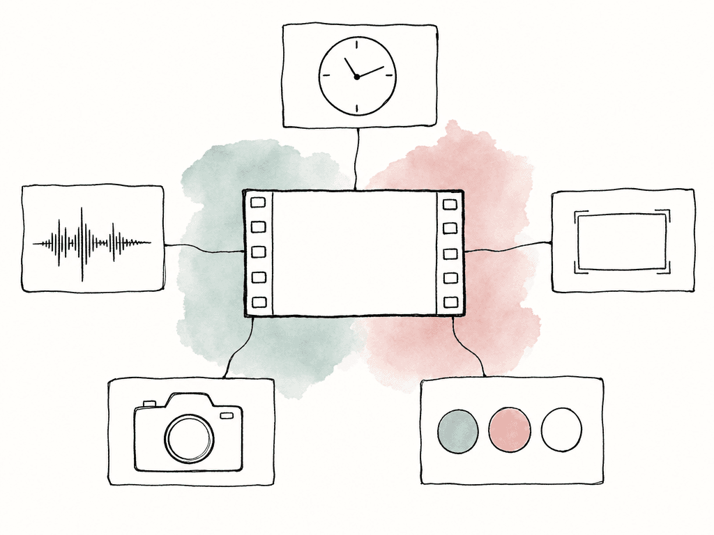 A video clip is drawn with connected icon cards for time, audio, frame format, camera, and color metadata.