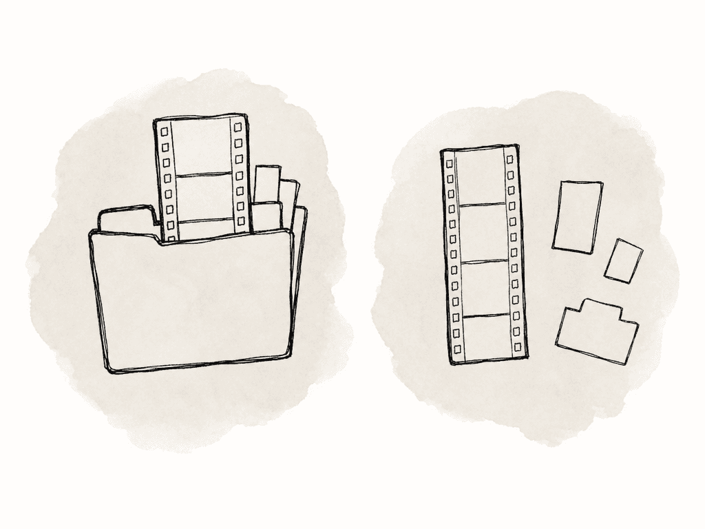A rough line drawing contrasts a complete media folder bundle with a lone separated video file.
