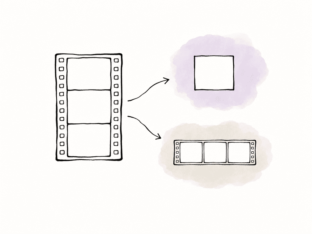 A rough line drawing shows a source filmstrip branching into one still frame and one short clip segment.