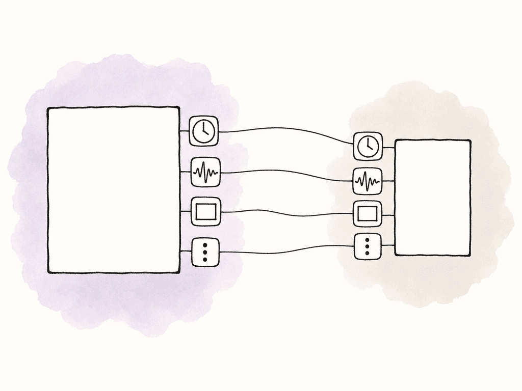 Doodle of a large original clip and smaller proxy clip connected by matching metadata icons.