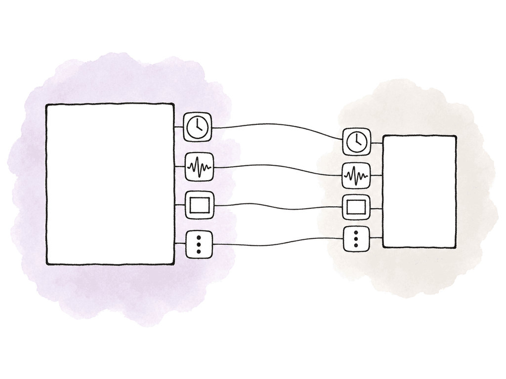 Doodle of a large original clip and smaller proxy clip connected by matching metadata icons.