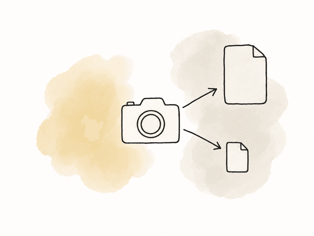 Doodle of a camera producing one large media file and one smaller proxy file simultaneously.