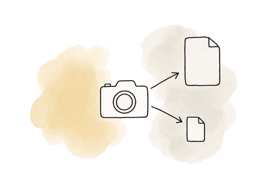 Doodle of a camera producing one large media file and one smaller proxy file simultaneously.