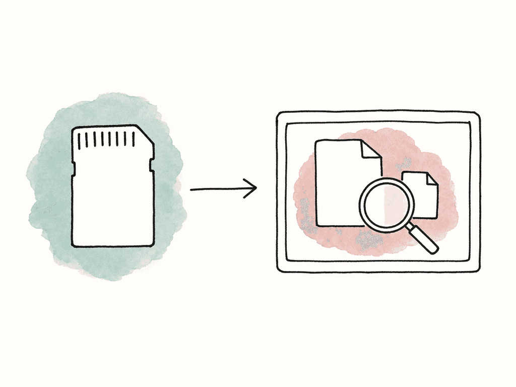 Doodle of a camera card feeding original and proxy files into an inspection screen with a magnifying glass.