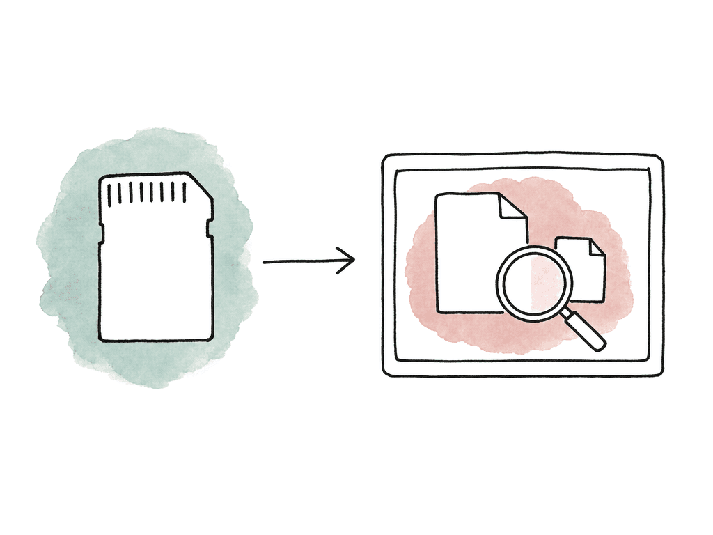 Doodle of a camera card feeding original and proxy files into an inspection screen with a magnifying glass.