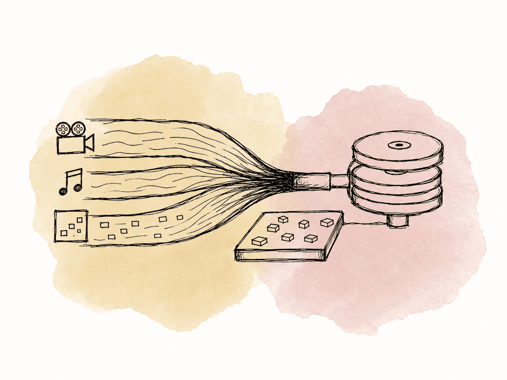 Multiple video streams crowd through a narrow storage path while an SSD cache off to the side cannot widen it.